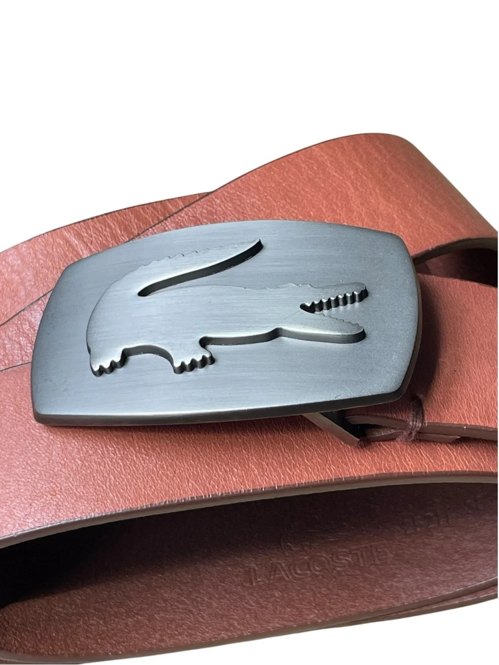 Lacoste Men’s Leather Debossed Logo Wide Brown Belt Sz 38 Large Buckle Alligator